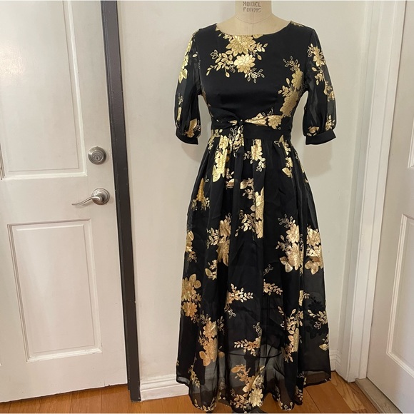 SHEIN Modely Gold Floral Print Lantern Sleeve Belted Dress Size S - Picture 6 of 12